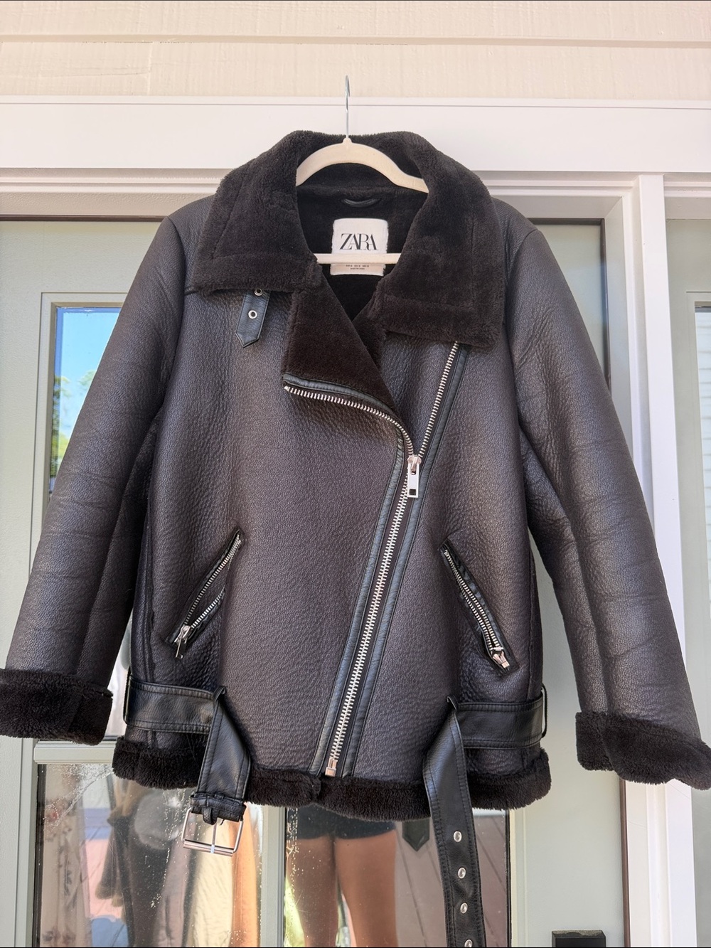 Zara Black Faux-Shearling Biker Jacket